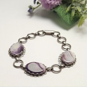 Vintage Style Silver Plate Wampum Quahog Shell Stone Link Bracelet Purple White